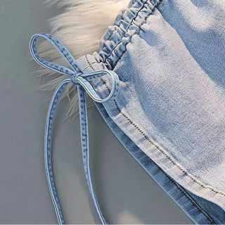 Women Chic Drawstring Pleated Denim Shorts