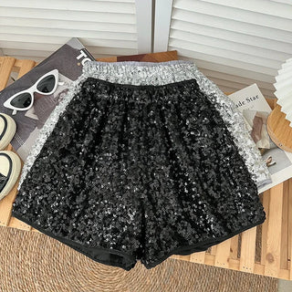 Women Shiny Sequin Elastic Waist Thin Shorts