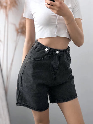 Women High Waist Button Jeans Shorts