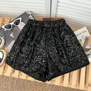 Women Shiny Sequin Elastic Waist Thin Shorts