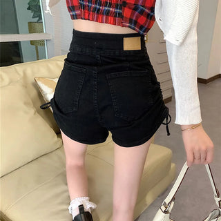 Women Chic Drawstring Pleated Denim Shorts