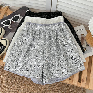 Women Shiny Sequin Elastic Waist Thin Shorts