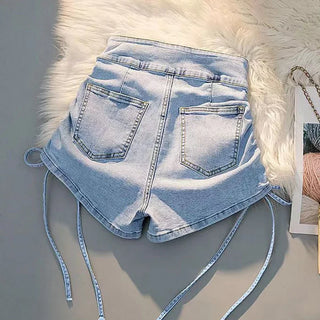 Women Chic Drawstring Pleated Denim Shorts