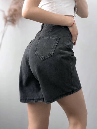 Women High Waist Button Jeans Shorts